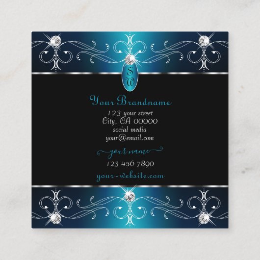 Elegant Black Blauwgroen Blue  Ornamenten Initiale Vierkante Visitekaartje (Achterkant)