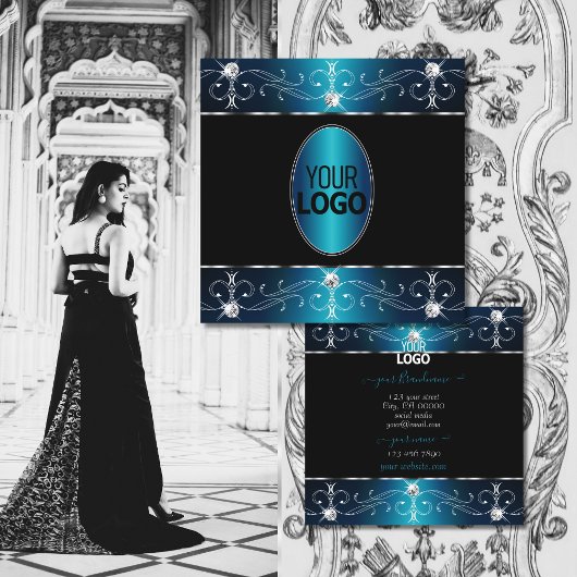 Elegant Black Blauwgroen Blue  Ornamenten met Logo Vierkante Visitekaartje