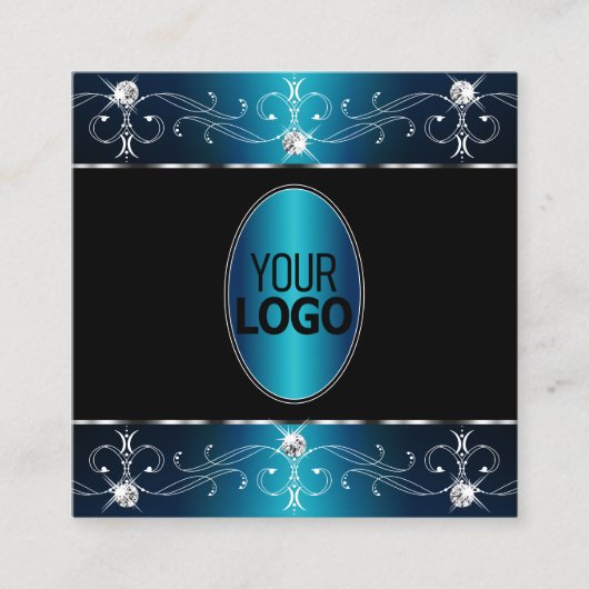 Elegant Black Blauwgroen Blue Ornamenten met Logo Vierkante Visitekaartje (Voorkant)