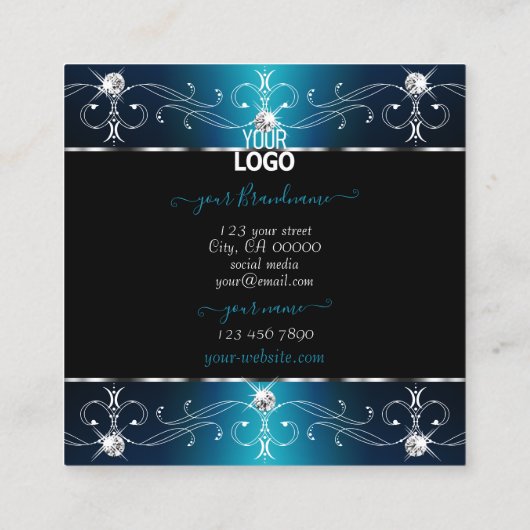 Elegant Black Blauwgroen Blue  Ornamenten met Logo Vierkante Visitekaartje (Achterkant)