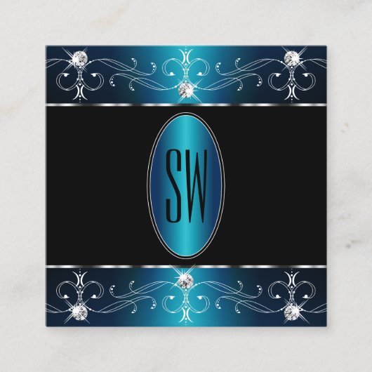 Elegant Black Blauwgroen Blue  Ornamenten Monogram Vierkante Visitekaartje (Voorkant)
