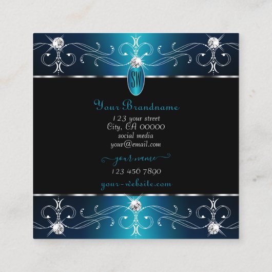 Elegant Black Blauwgroen Blue  Ornamenten Monogram Vierkante Visitekaartje (Achterkant)