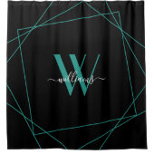 Elegant Black Blauwgroen Monogram Geometric Name S Douchegordijn (Voorkant)