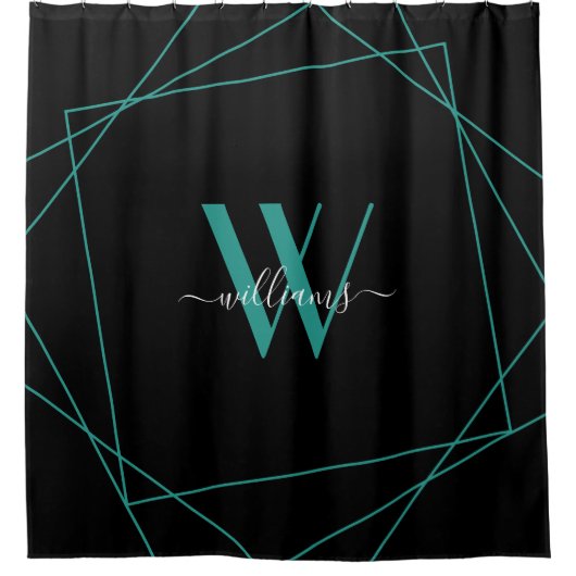 Elegant Black Blauwgroen Monogram Geometric Name S Douchegordijn (Voorkant)