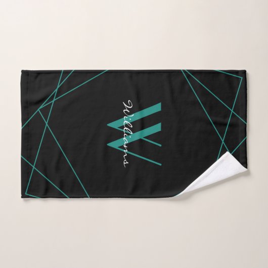 Elegant Black Blauwgroen Monogram Geometric Name S Handdoek (Handdoek)