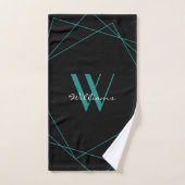 Elegant Black Blauwgroen Monogram Geometric Name S Handdoek (Handdoek)