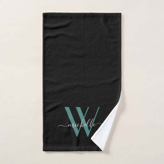 Elegant Black Blauwgroen Monogram Name Script Bath Bad Handdoek (Handdoek)