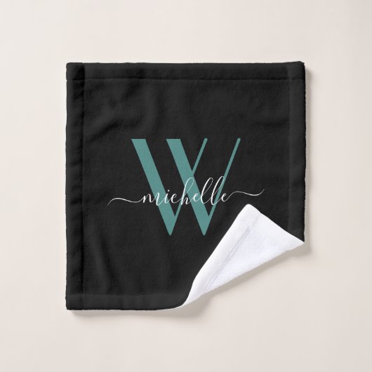 Elegant Black Blauwgroen Monogram Name Script Bath Bad Handdoek (Wasdoekje)