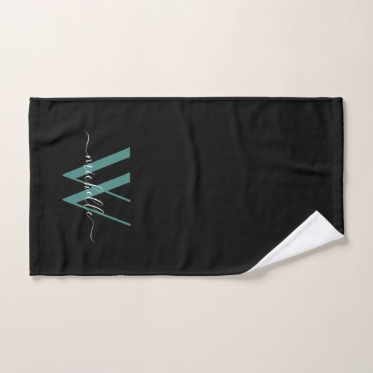 Elegant Black Blauwgroen Monogram Name Script Bath Bad Handdoek (Handdoek)
