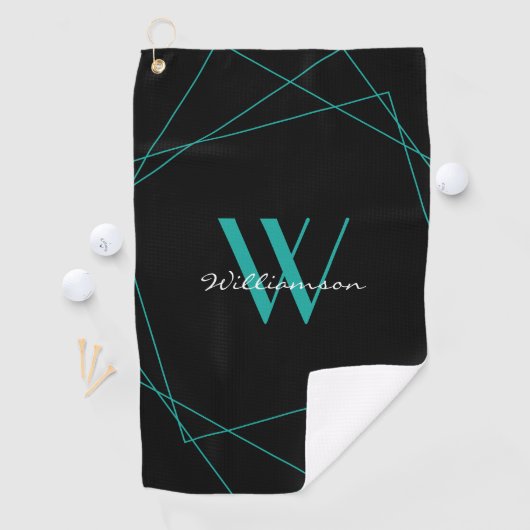 Elegant Black Blauwgroen Monogram Name Script Golfhanddoek (Insitu)