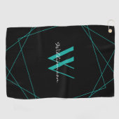 Elegant Black Blauwgroen Monogram Name Script Golfhanddoek (Horizontaal)