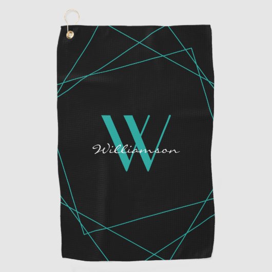 Elegant Black Blauwgroen Monogram Name Script Golfhanddoek (Voorkant)