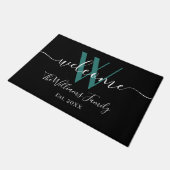 Elegant Black Blauwgroen Monogram Name Script Wedd Deurmat (Schuin)