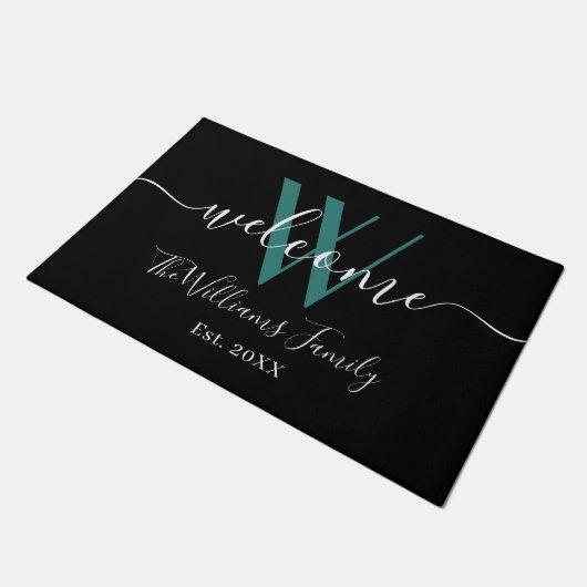 Elegant Black Blauwgroen Monogram Name Script Wedd Deurmat (Schuin)