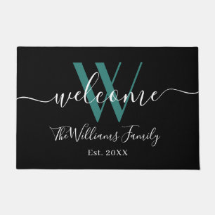 Elegant Black Blauwgroen Monogram Name Script Wedd Deurmat