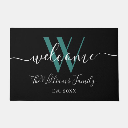 Elegant Black Blauwgroen Monogram Name Script Wedd Deurmat (Voorkant)