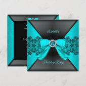 Elegant Black Blauwgroen Pearl Bow Birthday Party Kaart (Voorkant / Achterkant)