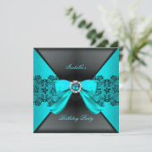 Elegant Black Blauwgroen Pearl Bow Birthday Party Kaart (Staand voorkant)