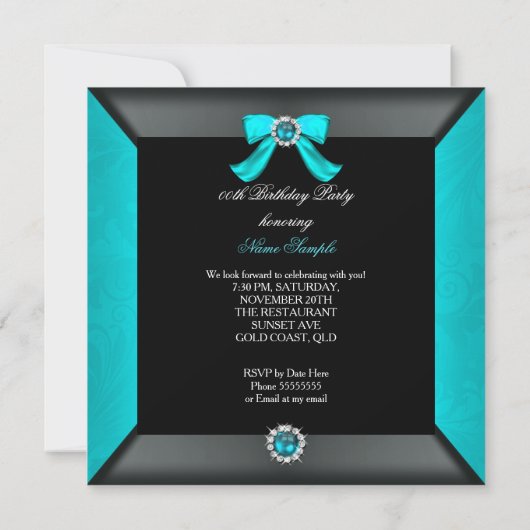 Elegant Black Blauwgroen Pearl Bow Birthday Party Kaart (Achterkant)