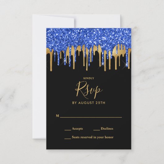 Elegant Black Blue Glitter-drift RSVP Kaartje (Voorkant)