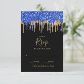 Elegant Black Blue Glitter-drift RSVP Kaartje (Staand voorkant)