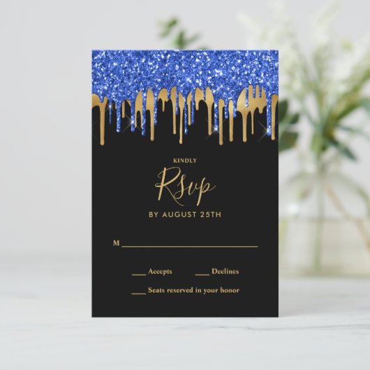 Elegant Black Blue Glitter-drift RSVP Kaartje (Staand voorkant)