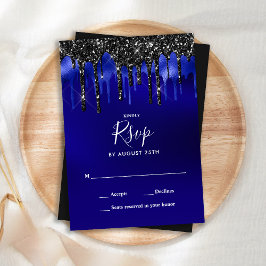 Elegant Black Blue Glitter Drift RSVP Notitiekaartje