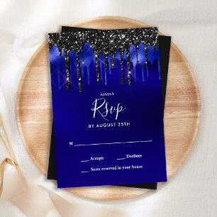 Elegant Black Blue Glitter Drift RSVP Notitiekaartje