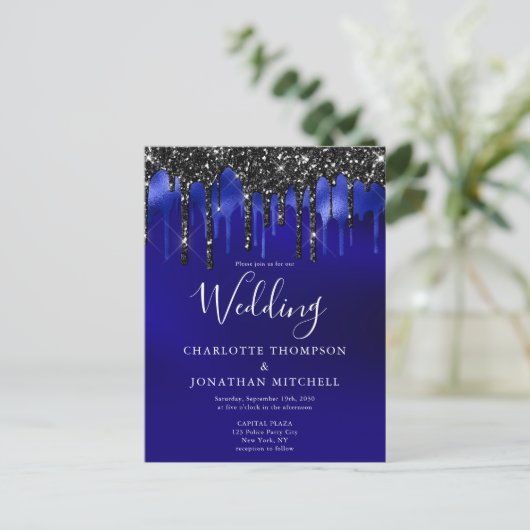 Elegant Black Blue Glitter Drift Wedding Invit Briefkaart (Staand voorkant)