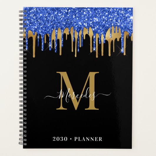 Elegant Black Blue Glitter Drivers Monogram Planner (Voorkant)