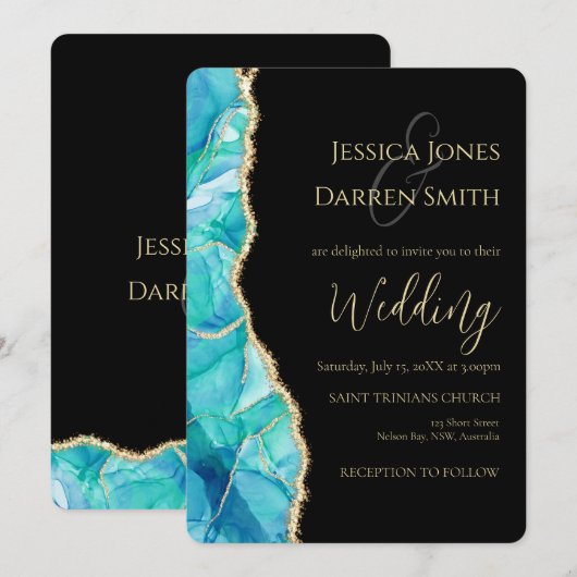 Elegant Black Blue Glitter Waterverf Weddenschap Kaart (Voorkant / Achterkant)