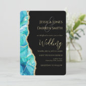 Elegant Black Blue Glitter Waterverf Weddenschap Kaart (Staand voorkant)