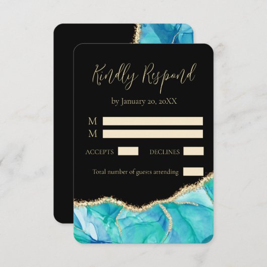 Elegant Black Blue Glitter Waterverf Weddenschap RSVP Kaartje (Voorkant / Achterkant)
