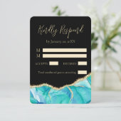 Elegant Black Blue Glitter Waterverf Weddenschap RSVP Kaartje (Staand voorkant)