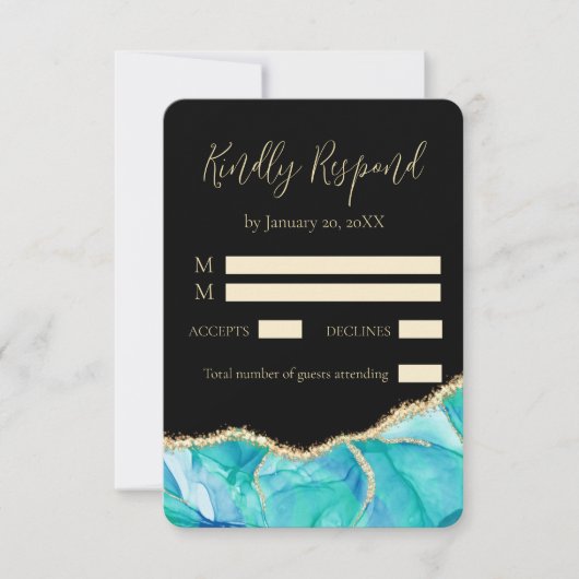 Elegant Black Blue Glitter Waterverf Weddenschap RSVP Kaartje (Voorkant)