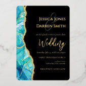 Elegant Black Blue Gold Foil Weduwuitnodiging Folie Uitnodiging (Voorkant)