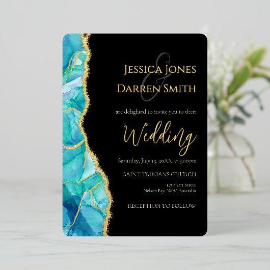 Elegant Black Blue Gold Foil Weduwuitnodiging Folie Uitnodiging (Staand Voorkant)