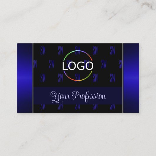 Elegant Black Blue met Logo Foto en Monogram Visitekaartje (Voorkant)