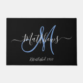 Elegant Black Blue Monogram Script Familienaam Deurmat (Voorkant)