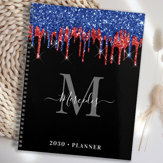 Elegant Black Blue Red Glitter Drift Monogram Planner