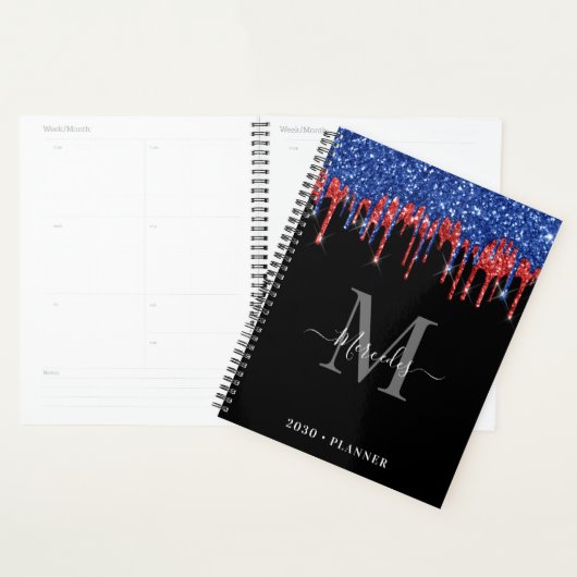 Elegant Black Blue Red Glitter Drift Monogram Planner (Display)