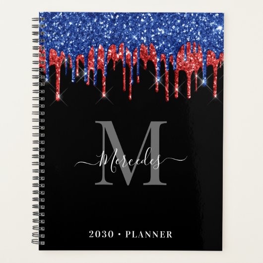 Elegant Black Blue Red Glitter Drift Monogram Planner (Voorkant)