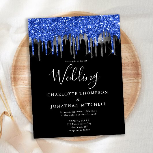Elegant Black Blue Silver Glitter-drift Briefkaart