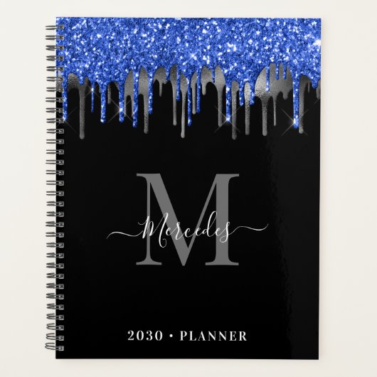 Elegant Black Blue Silver Glitter Drift Monogram Planner (Voorkant)