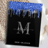 Elegant Black Blue Silver Glitter Drift Monogram Planner
