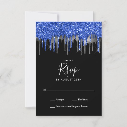 Elegant Black Blue Silver Glitter-drift RSVP Kaartje (Voorkant)