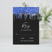 Elegant Black Blue Silver Glitter-drift RSVP Kaartje (Staand voorkant)