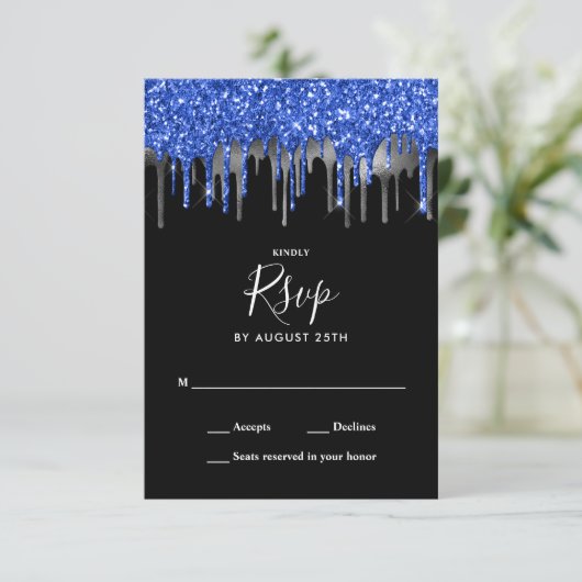 Elegant Black Blue Silver Glitter-drift RSVP Kaartje (Staand voorkant)