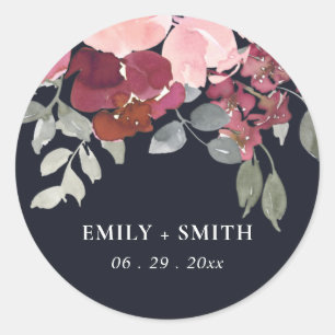 ELEGANT BLACK BLUSH BURGUNDY ROOS FLORAL WEDING RONDE STICKER
