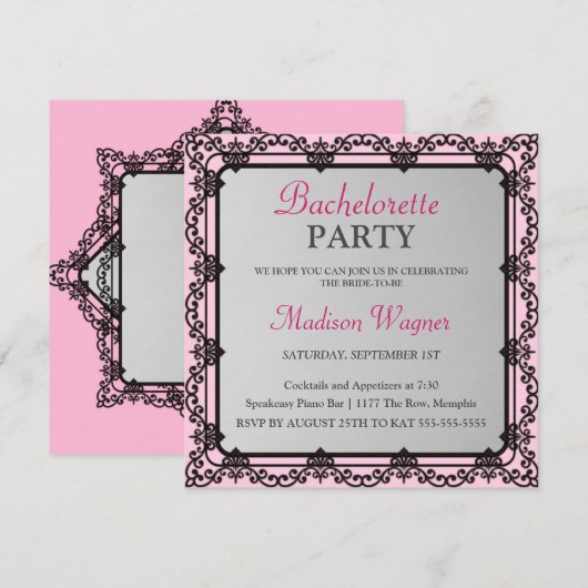 Elegant Black Border Bachelorette Party Invitation Kaart (Voorkant / Achterkant)